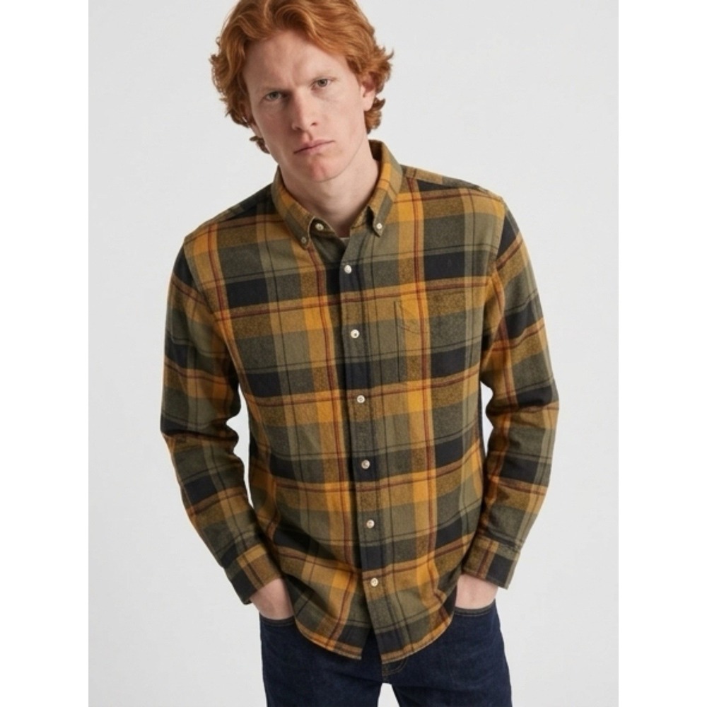 Men's Plaid Chore Shirt Casual Button-Down Grunge Rock Sz L Flannel Cotton